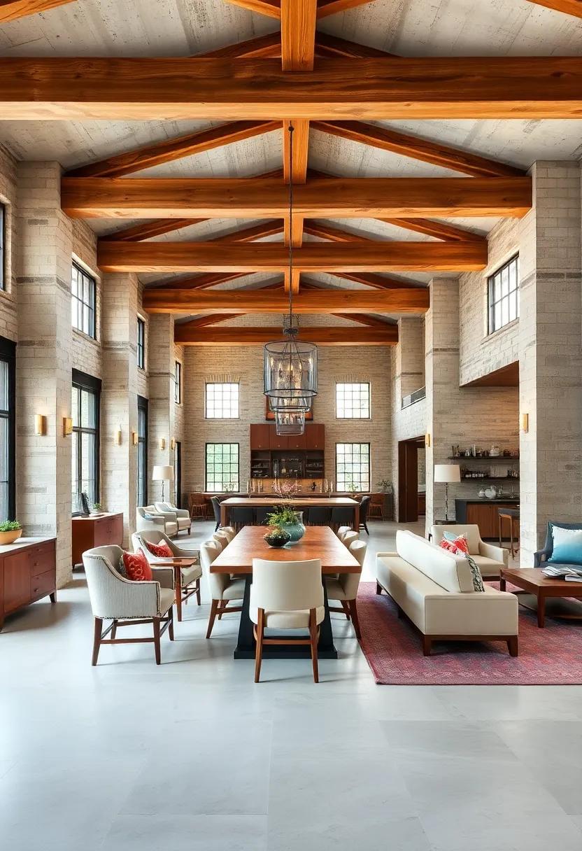 Open‍ Beam ⁢Grandeur: Exposed wooden ⁢ceiling beams frame a spacious dining area with​ mixed-material furniture,striking ⁢a balance⁢ between loft style and ⁣refinement