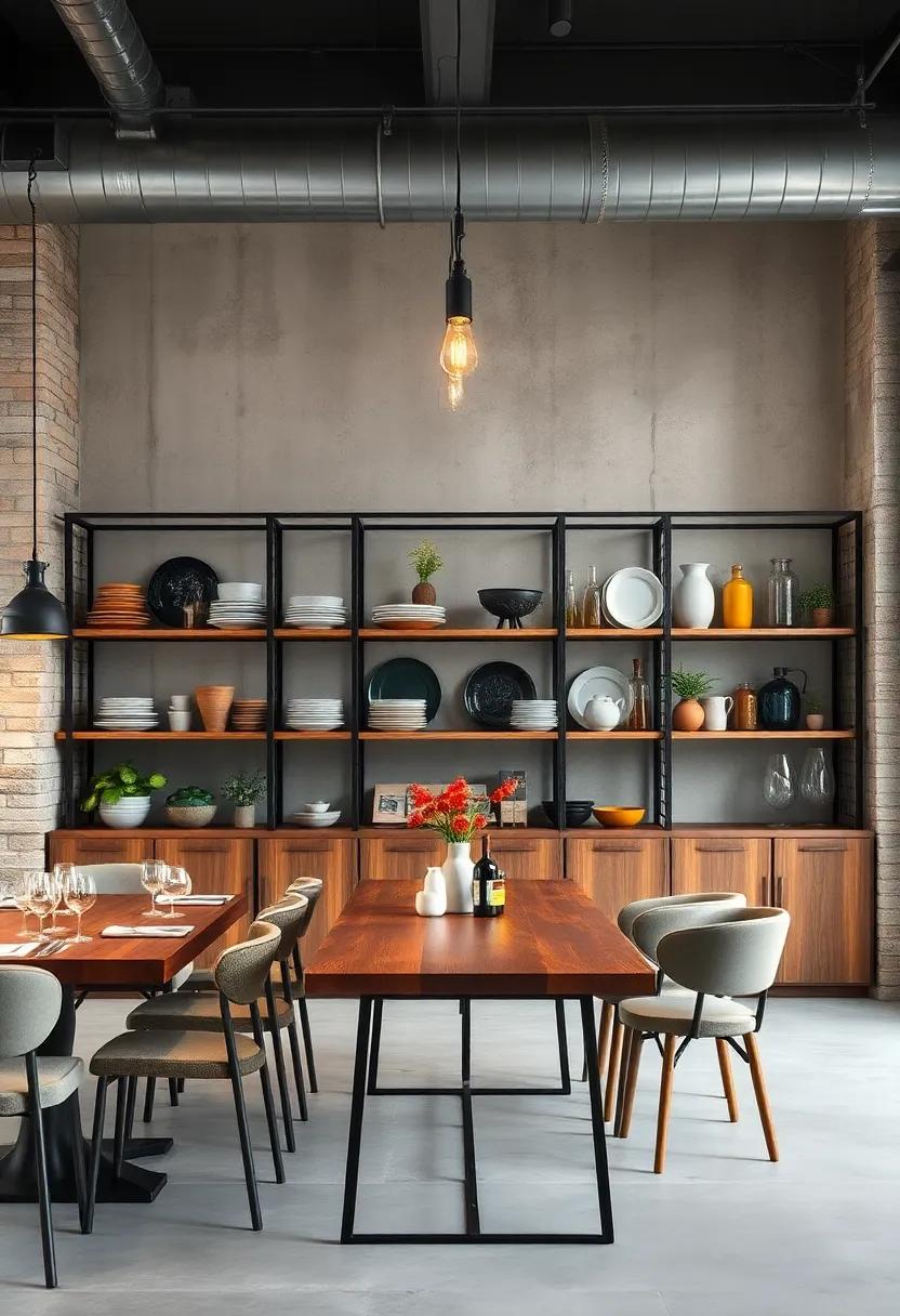 Open​ Shelving Display: Metal ⁣open shelves displaying⁤ rustic ⁢dishware and industrial decor elements add​ depth and texture,​ perfect for a⁣ lively and stylish dining space
