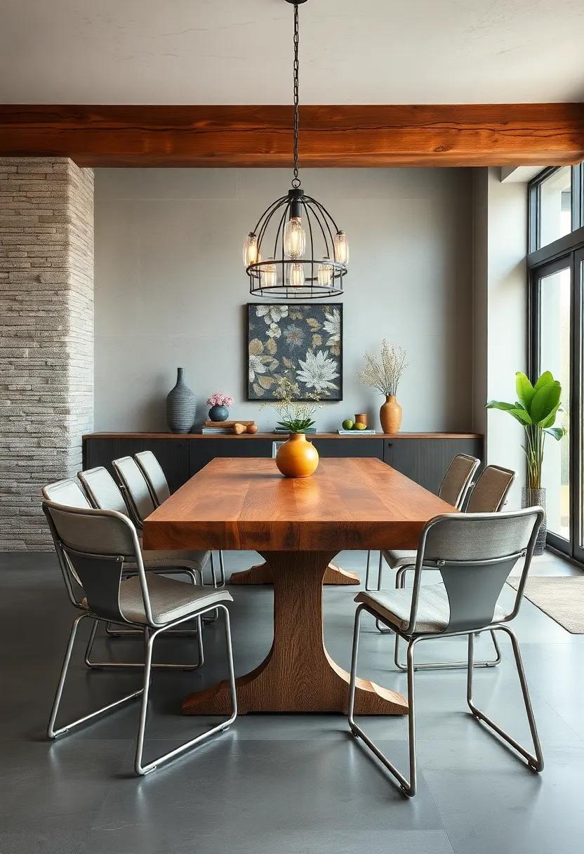 Rustic Modern Contrast: A rugged wooden beam dining table paired with sleek stainless​ steel‌ chairs, blending rustic textures with contemporary design