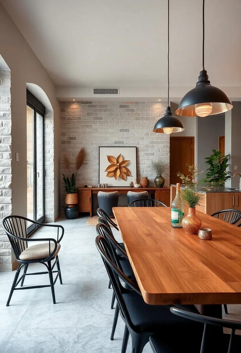 Sleek Surface Play: High-gloss⁢ black metal‌ dining ⁣chairs juxtaposed with raw unfinished wood surfaces create a dynamic interplay of⁤ textures