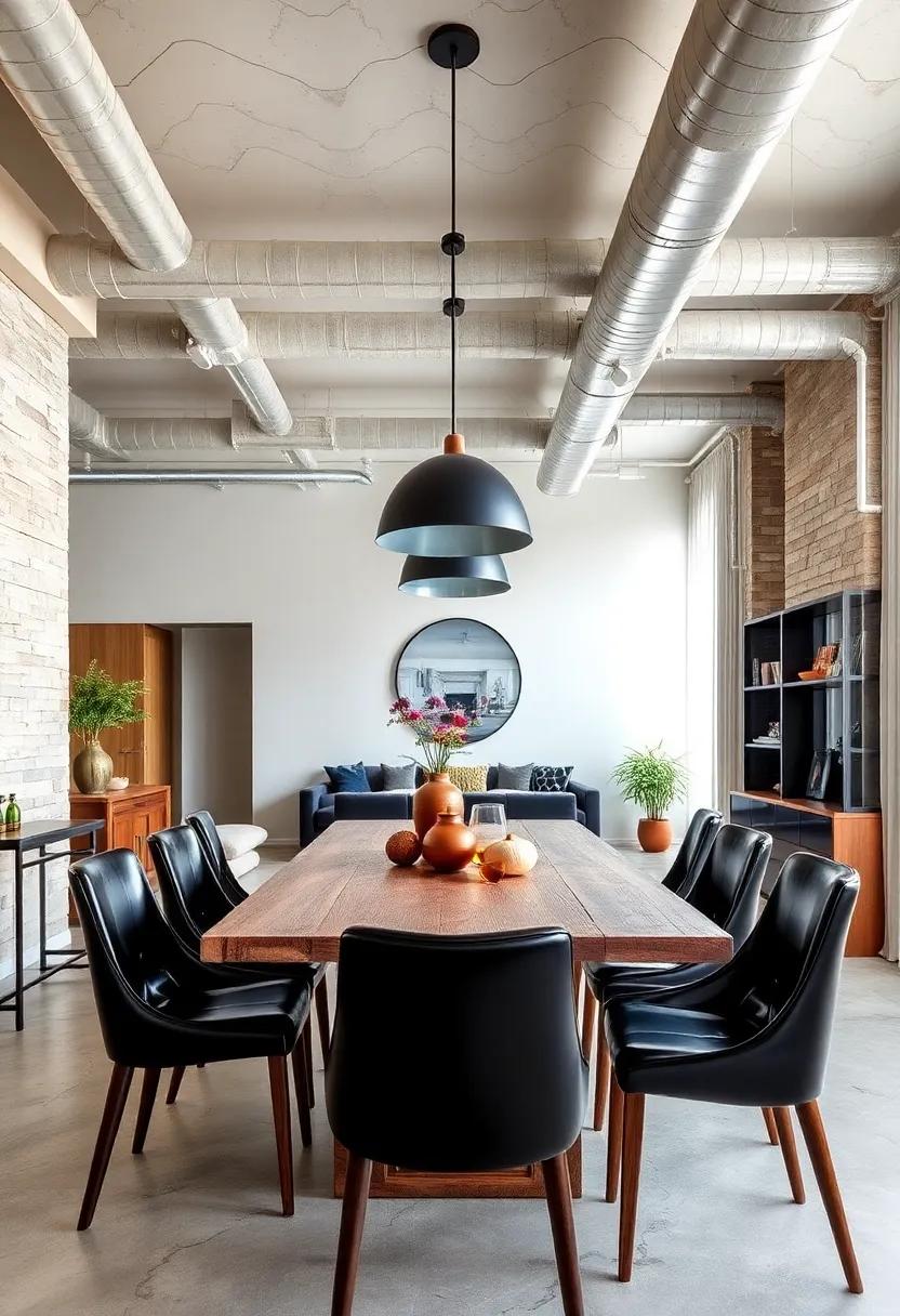 Urban Loft Luxe: High ceilings with exposed ductwork⁤ combined ​with glossy ⁤black⁣ dining ‍chairs⁣ and a distressed wood table, capturing ‍an urban-industrial ⁤aesthetic