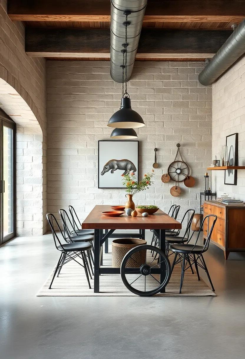 Vintage⁢ Industrial Charm: An antique ⁤factory cart repurposed as⁢ a dining table pairs ⁣beautifully with mid-century metal‌ chairs, evoking nostalgic craftsmanship