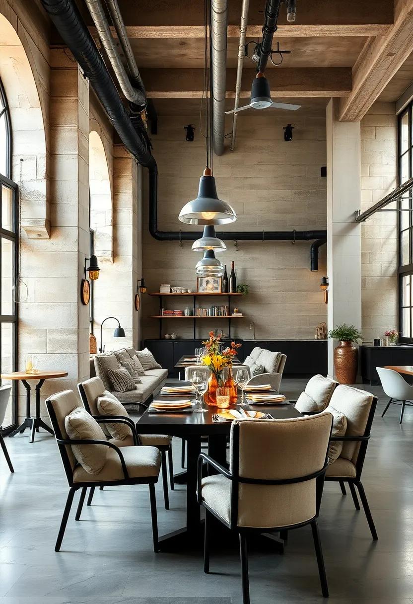 Warehouse‍ Warmth: Soft beige tones and plush fabrics contrast against ⁣metal-framed furnishings and exposed pipes, redefining industrial dining comfort
