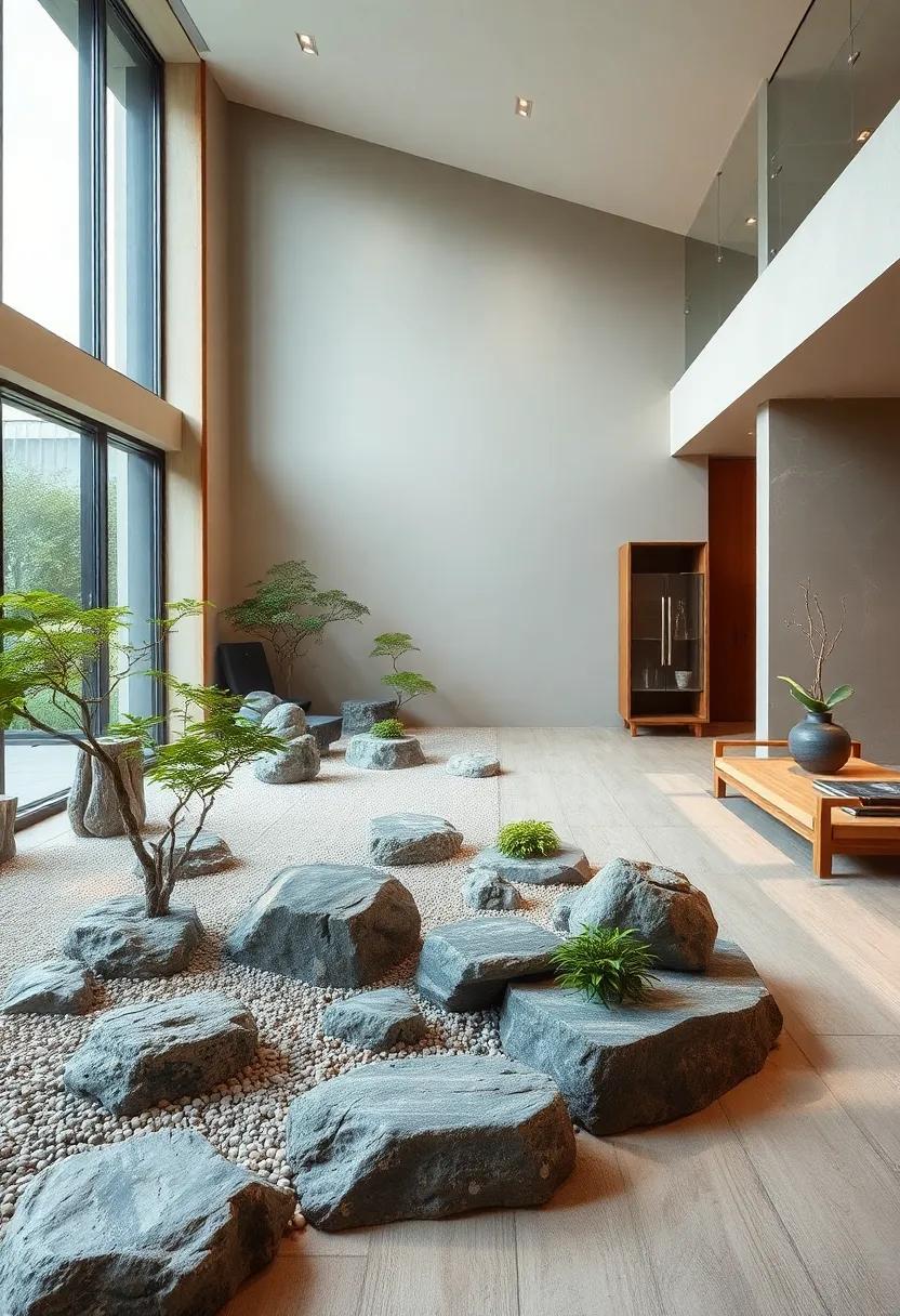karesansui Dry Landscape: Highlight the artistry of‌ empty space ​using⁢ contrasting rock sizes and sparse ‌greenery, ⁣perfect for minimalistic interiors