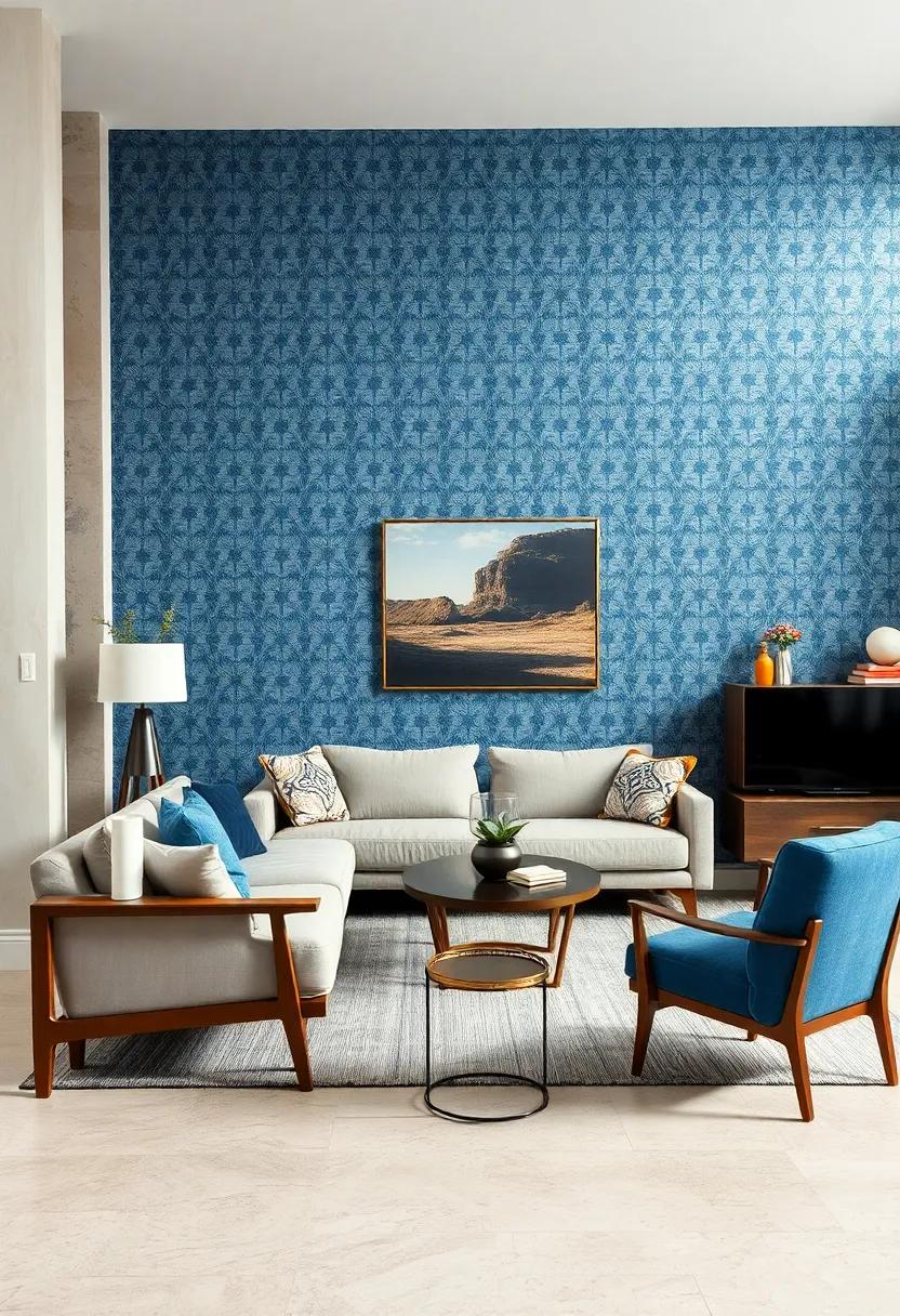 Elegant Blue⁤ Patterned Wallpaper Blending Seamlessly With Classic ​mid Century Modern Furniture And Natural⁣ Light