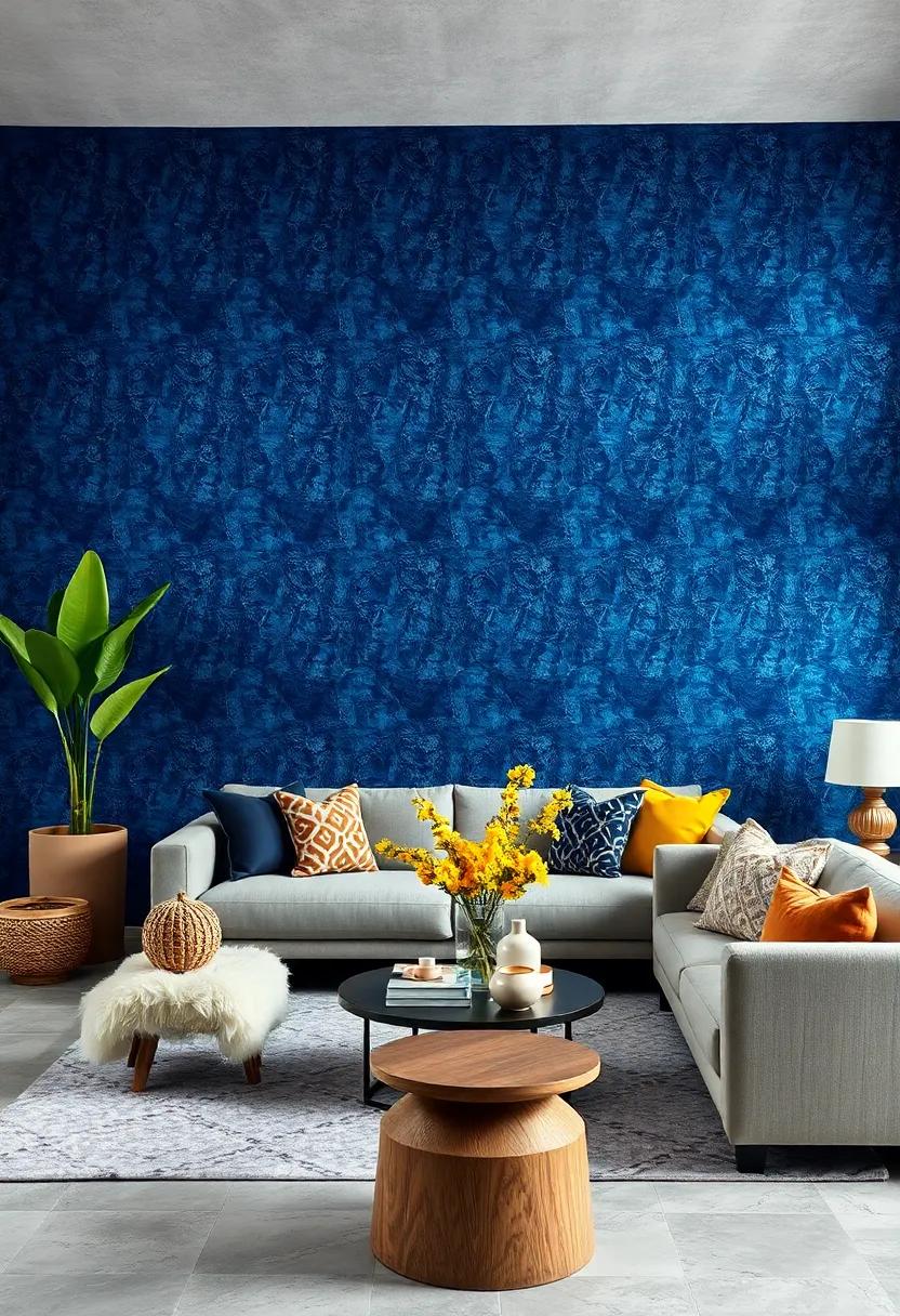 Midnight Blue ⁣Wallpaper with Silver ‌Stars Elevating A Modern Bohemian Space with Eclectic Accessories