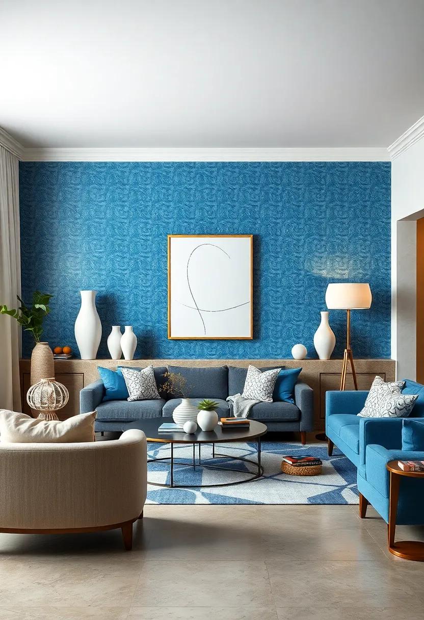 Stylish Living‍ Room With Royal​ Blue Wallpaper Embellished With ⁣White ‍Minimalist Line Art And Modern‍ Sculptures