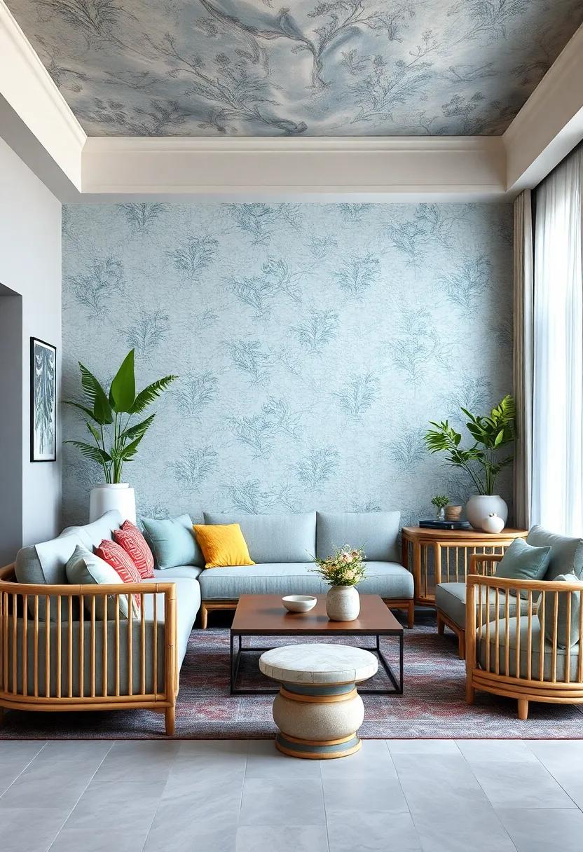Delicate Sky Blue ⁣Wallpaper Featuring hand Painted⁣ Asian Motifs Paired With ‌Light Bamboo Furniture And Accents