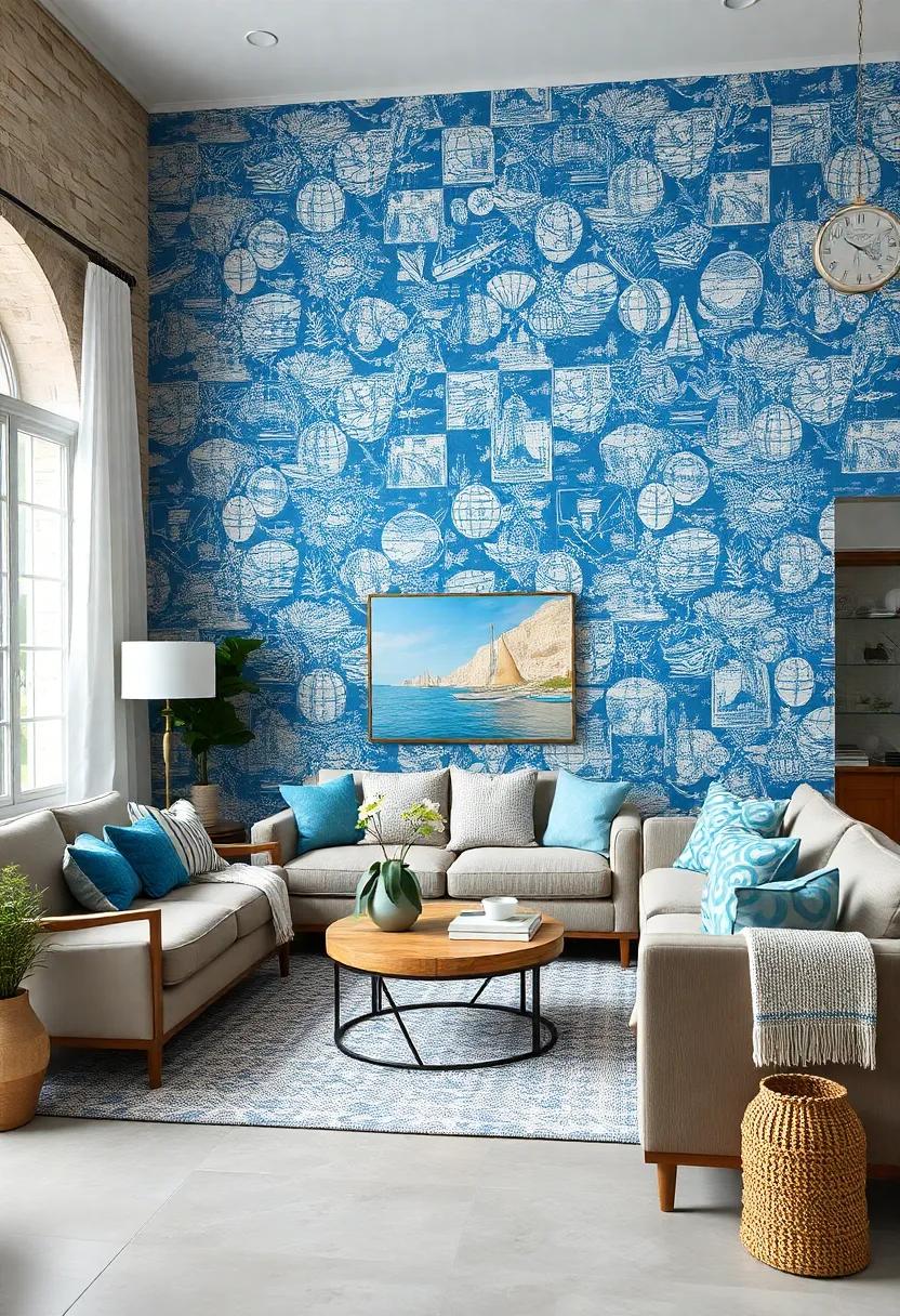 Chic Blue ⁤Wallpaper Featuring Vintage‌ Nautical Maps Complementing A ​Rustic Seaside Living‍ Room Setup