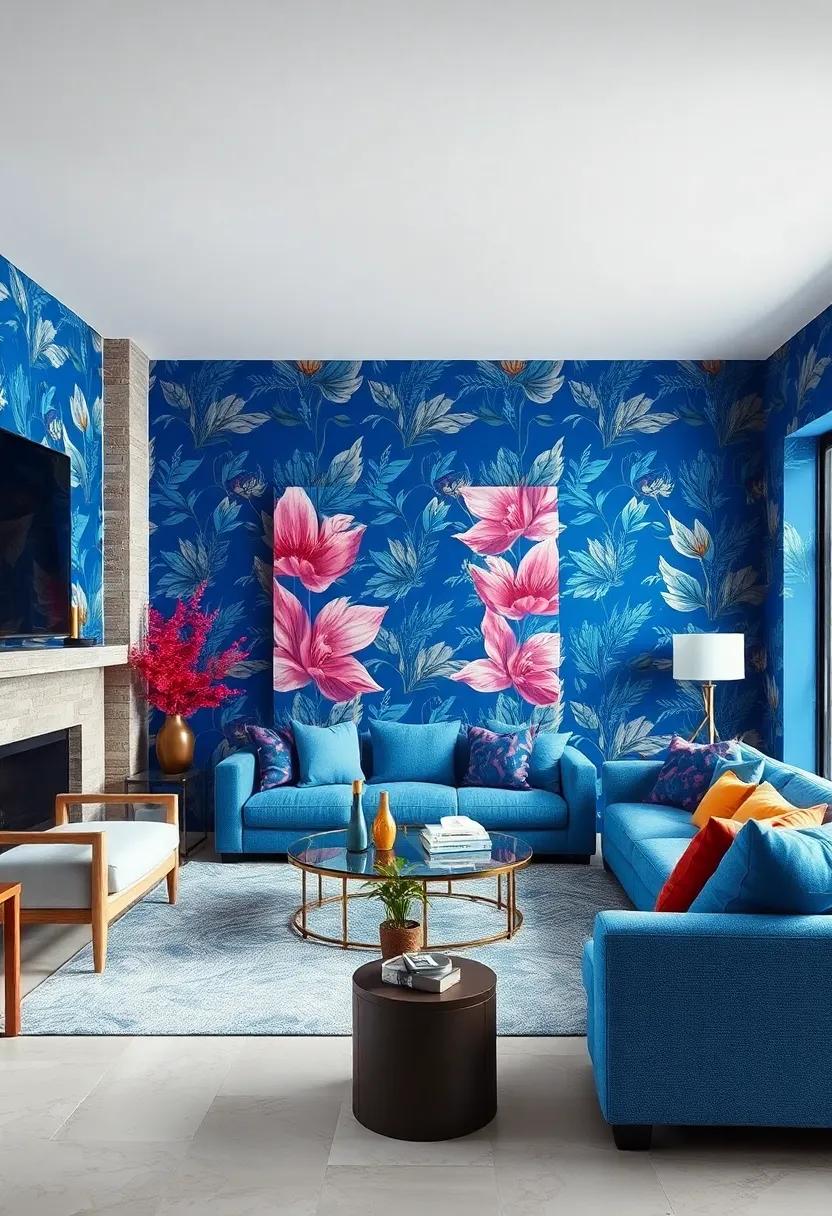 Vibrant Turquoise And Navy ‌Blue Geometric Wallpaper Setting A ⁣Bold Statement Against Minimalist White Interiors