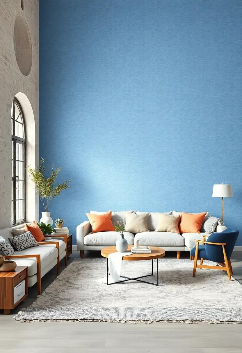 Monochromatic ‍Blue striped Wallpaper Offering Visual Depth In A Scandinavian Style ⁢Living ⁢Space With‍ Natural Hues