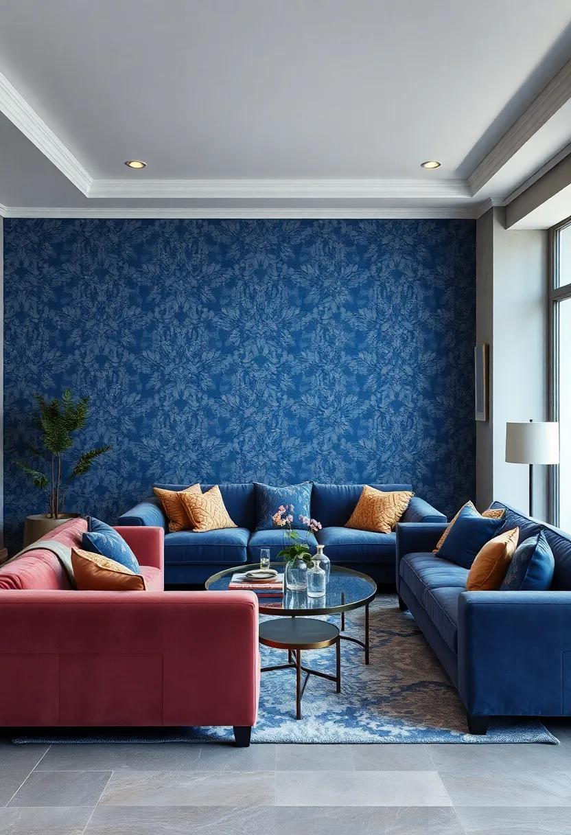 Luxurious​ Velvet ‍sofas Against Sapphire Blue Floral Wallpaper ⁤Creating A Rich ‌And Inviting Ambiance