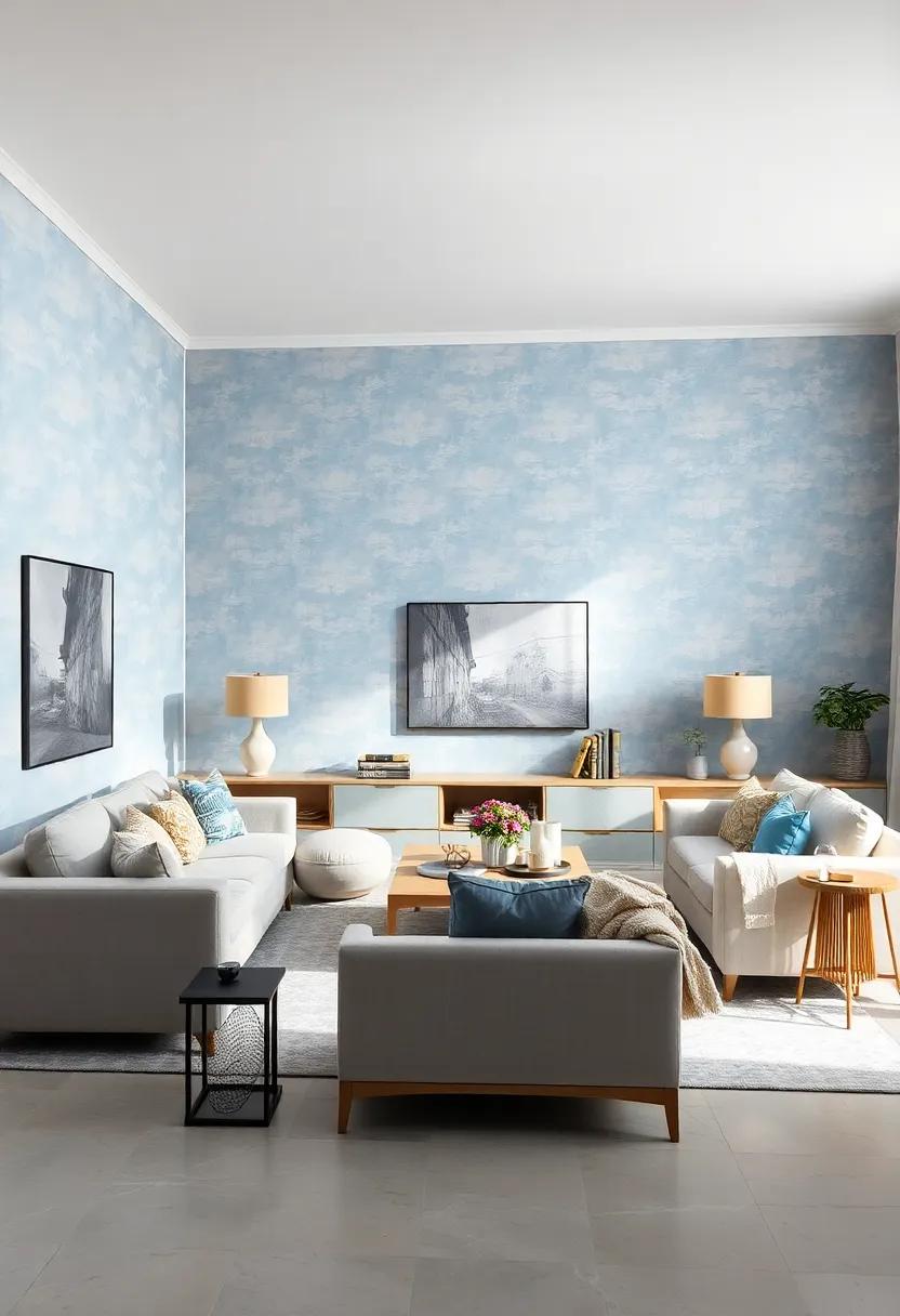 Powder Blue Wallpaper With Subtle Cloud Prints⁤ Setting A Dreamy And Airy Mood In Spacious Family Rooms