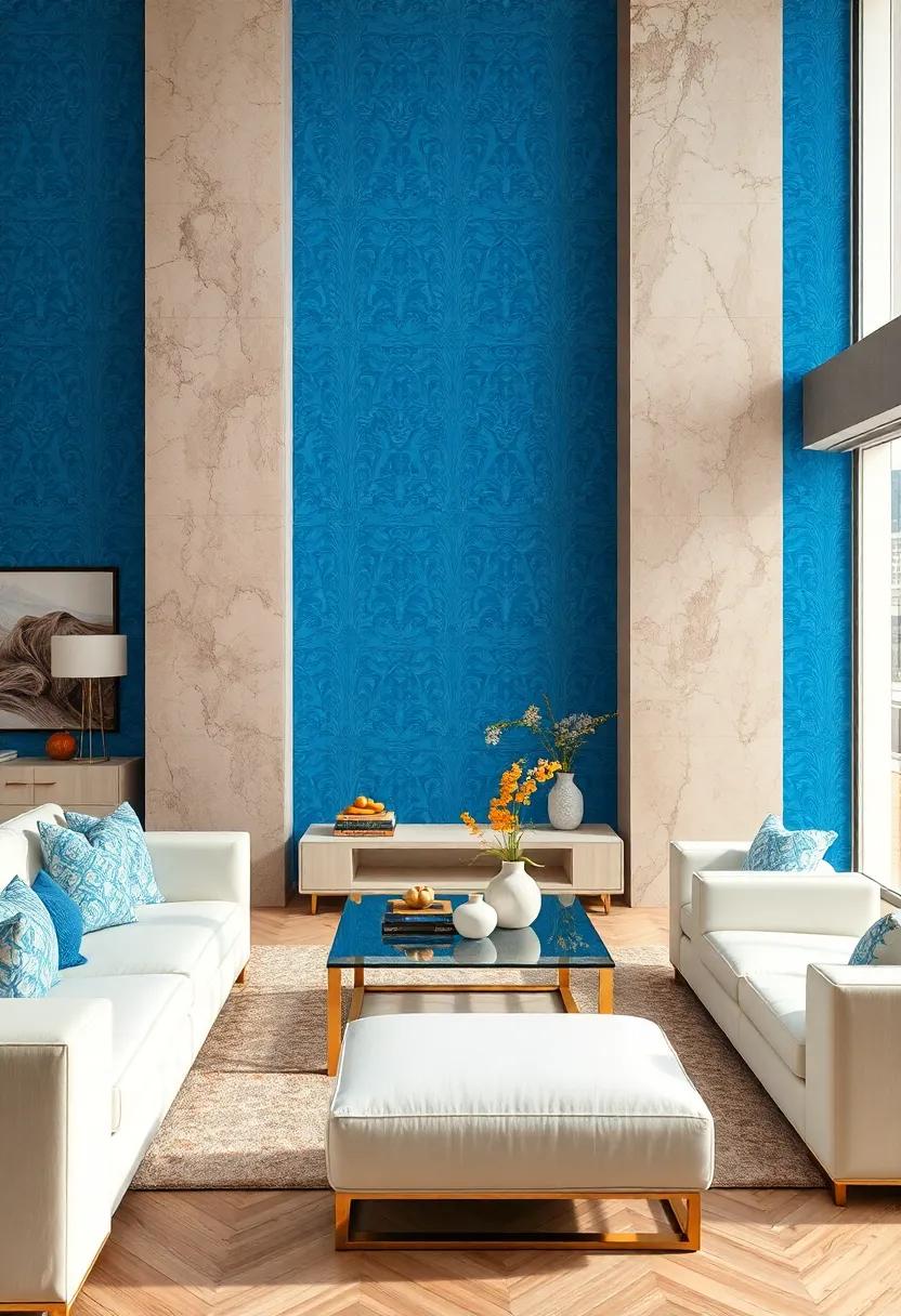 Electric Blue Baroque ⁣Wallpaper ⁤Creating A Dramatic Contrast with White Modern Furnishings And Glass Tables
