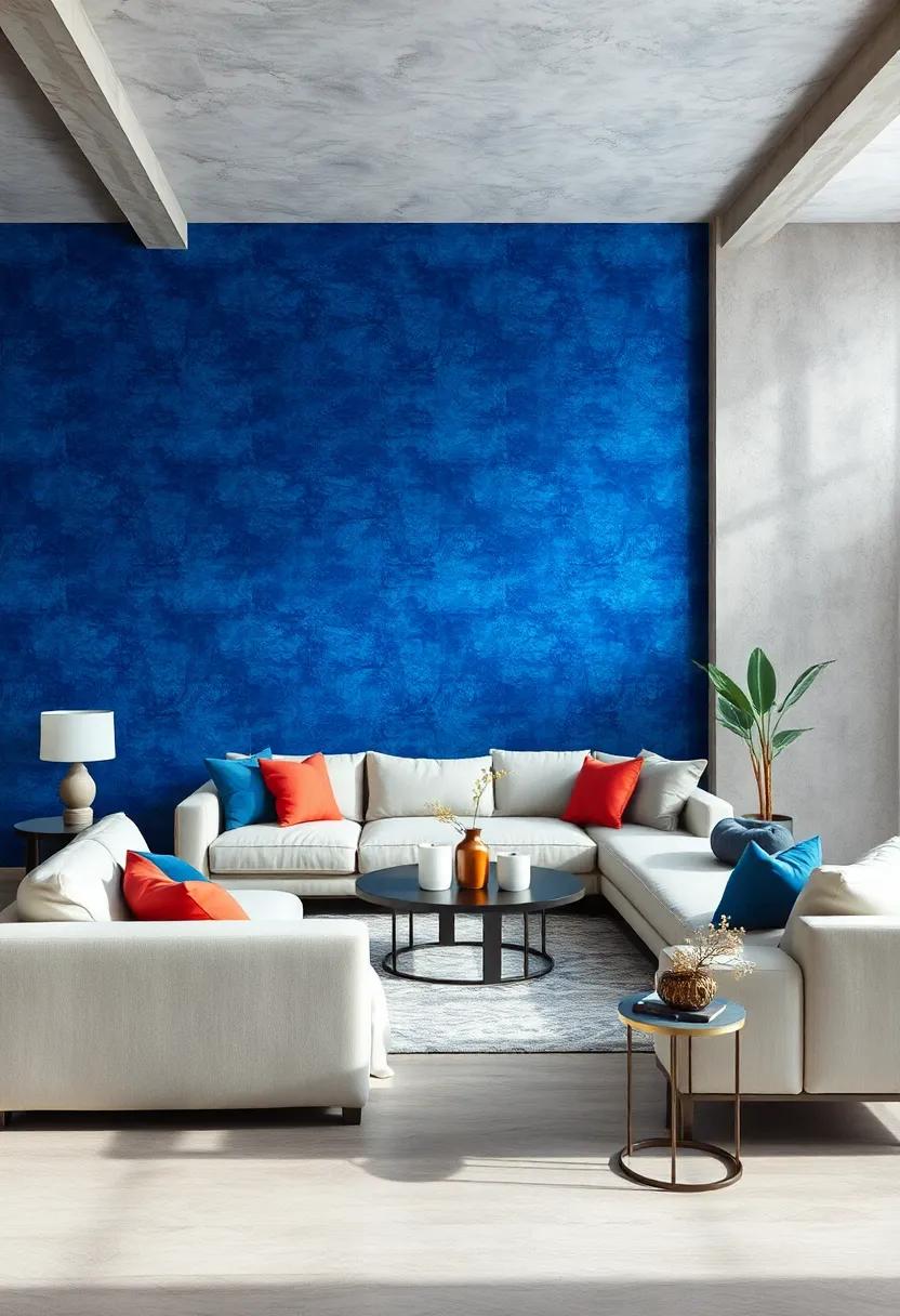 Dynamic Blue ⁣Ombre ‍Wallpaper Transitioning From Deep⁣ Navy To Pale⁤ sky Over Crisp Contemporary furniture