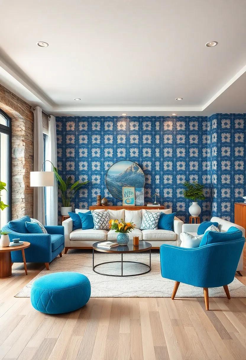 Bold​ Blue Stencil Patterns‌ On Wallpaper Accentuating A Bright ⁤Open Living Room With Light hardwood Floors