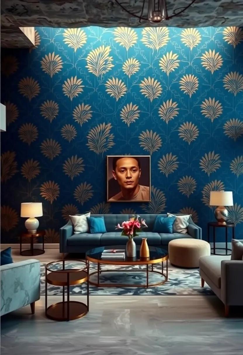 Navy Blue Wallpaper With⁤ Intricate Gold Leaf Patterns Illuminating A Glamourous Art ⁤Deco Inspired Lounge