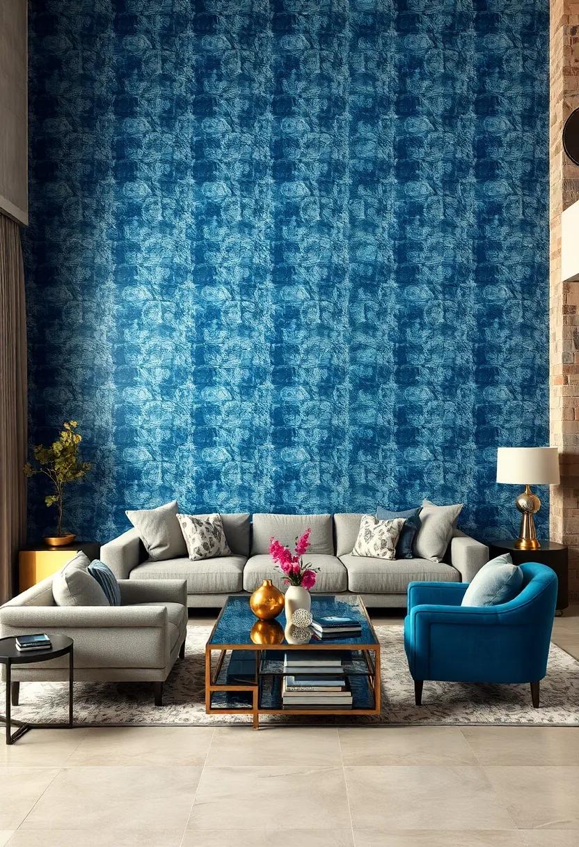 Contemporary Living⁢ Room ⁢With Deep Blue Abstract Patterned Wallpaper Paired With sleek Metallic ⁢Accents And Glass Elements