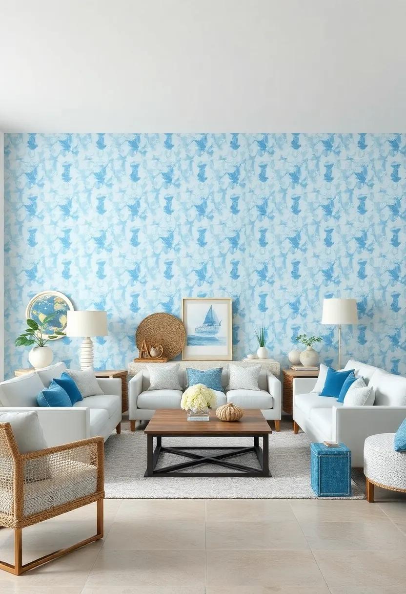 Serene Coastal Living ⁢Area Featuring Light Blue Watercolor Wallpaper Complimented By Whitewashed‍ Furnishings And‌ Ocean Decor