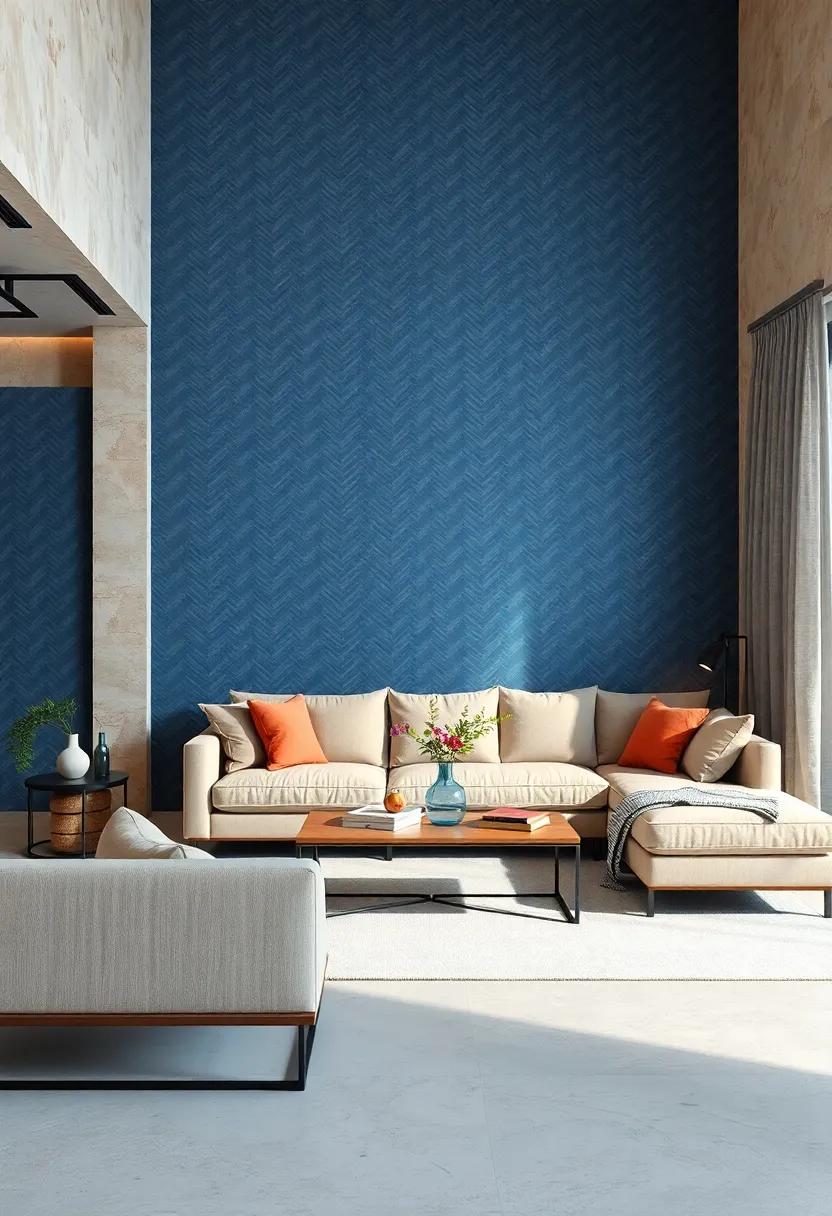 Muted ⁤Blue Chevron ‍Wallpaper Providing subtle Texture And Elegance In Contemporary Minimalist Living Rooms