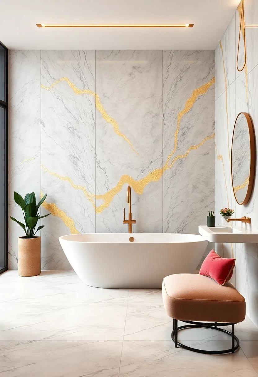 Gleaming Gold Veins: Marble walls with⁤ subtle gold veining create a​ luxurious ​and timeless bathroom backdrop