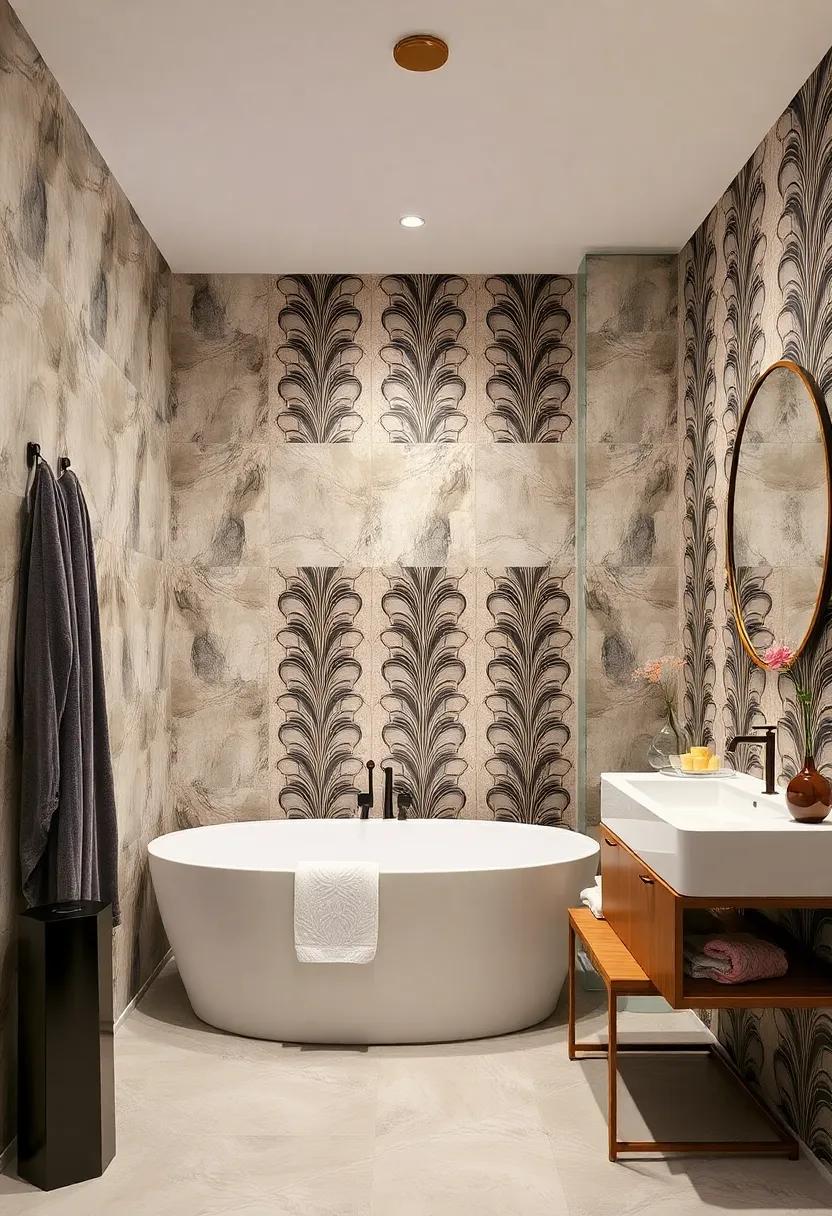 Art Deco ‍Glam: Gold and black‌ patterned wallpaper evokes⁤ 1920s ‌glamour for‍ a chic, vintage-inspired bathroom