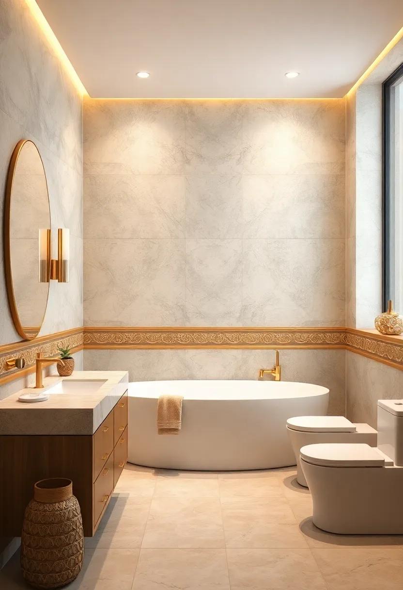 Golden Frieze: A decorative gold frieze running ⁢horizontally to add an elegant‌ frame around the bathroom