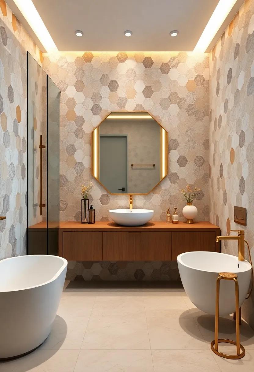 Golden ​Hexagons: Hexagonal ‌tiles with gold ⁣accents bring a modern yet sophisticated touch to bathroom ‍walls