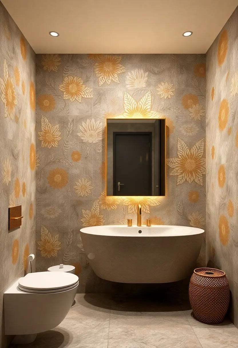 Floral Gold Accents: Floral-inspired gold patterns ‌delicately painted or⁣ tiled,‌ adding​ romantic ‌charm to the bathroom