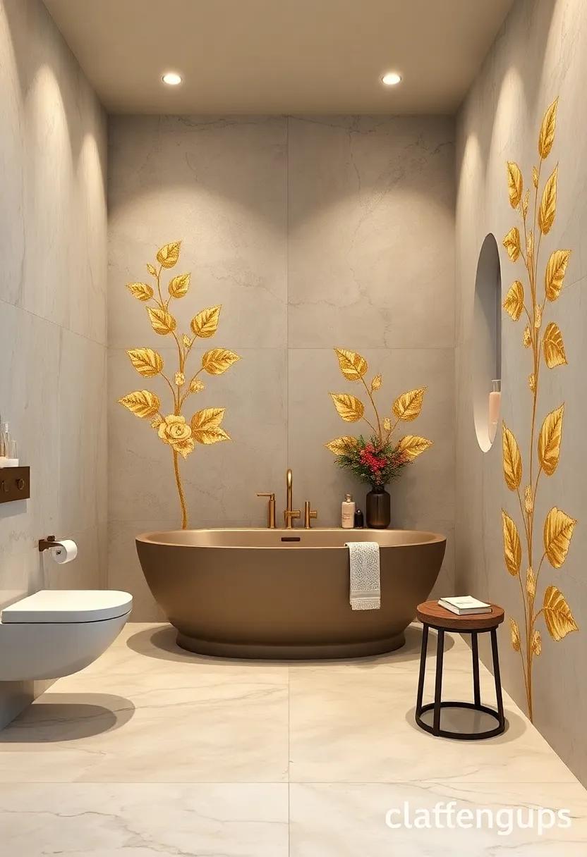 Gold‌ Botanical Murals: Hand-painted gold⁣ botanical motifs infuse natural beauty and ⁢opulence into bathroom ‍walls