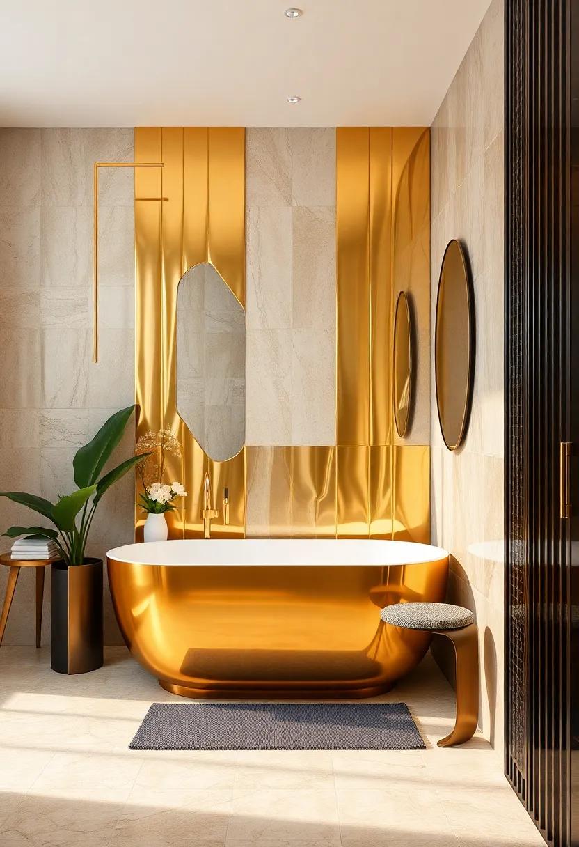 Reflective ‌Gold‌ Surfaces: Polished gold​ metallic tiles that‌ reflect ⁣light ‍to amplify the ​sense ⁣of space and ⁢brightness