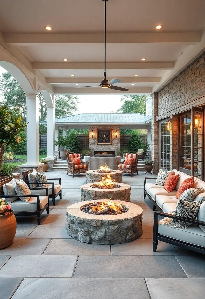Cozy fire pits encircled by plush seating areas featuring natural textiles and warm tones
