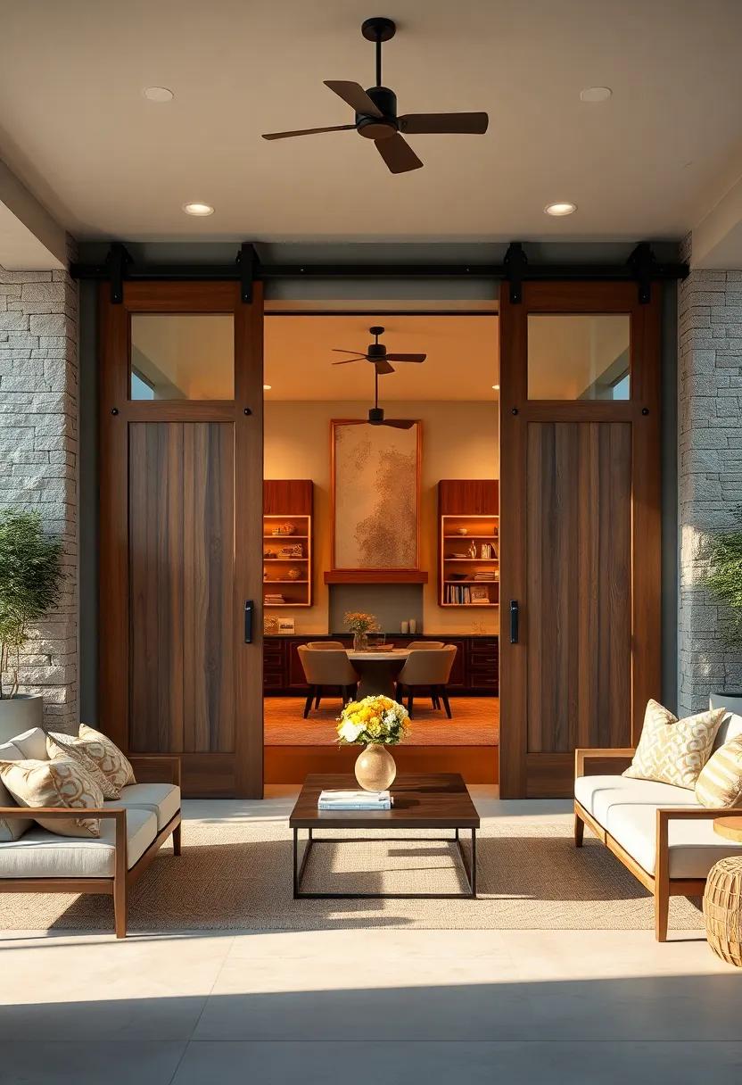 Elegant barn doors repurposed as sliding partitions between indoor and outdoor living spaces