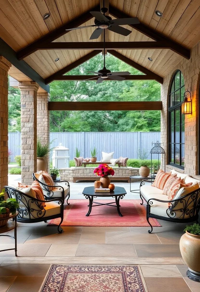 Expansive stone patios with wrought-iron furniture blending comfort and countryside charm