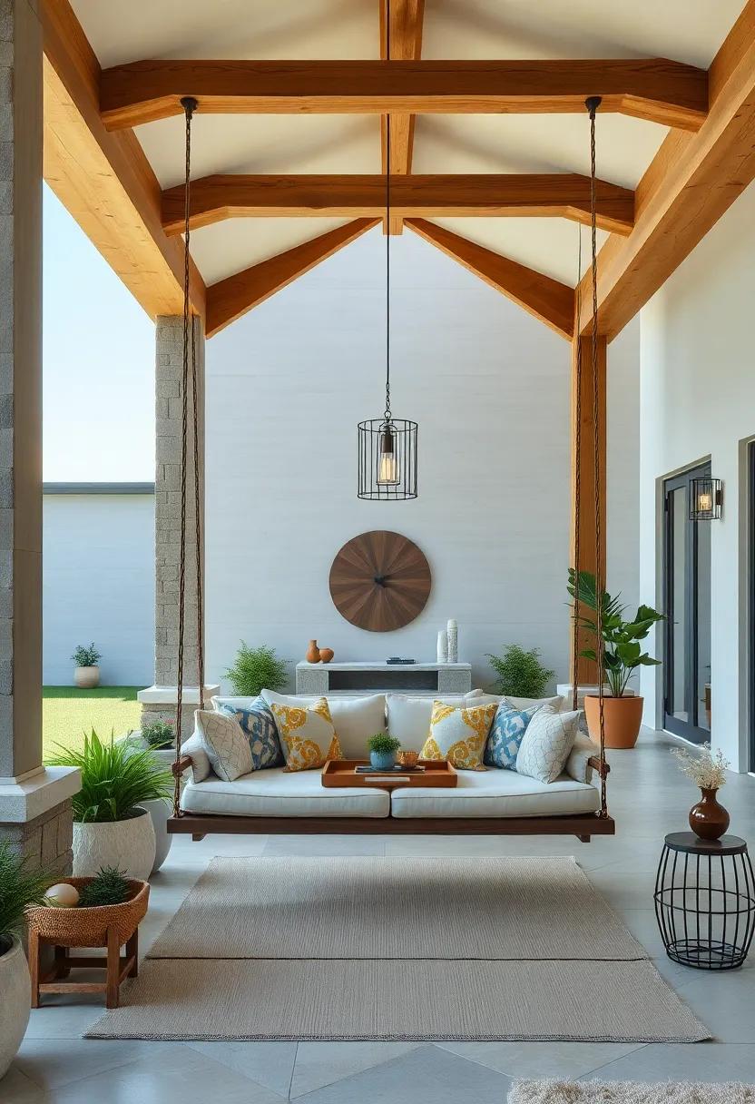 Oversized wooden swings suspended from sturdy oak beams for leisurely afternoons