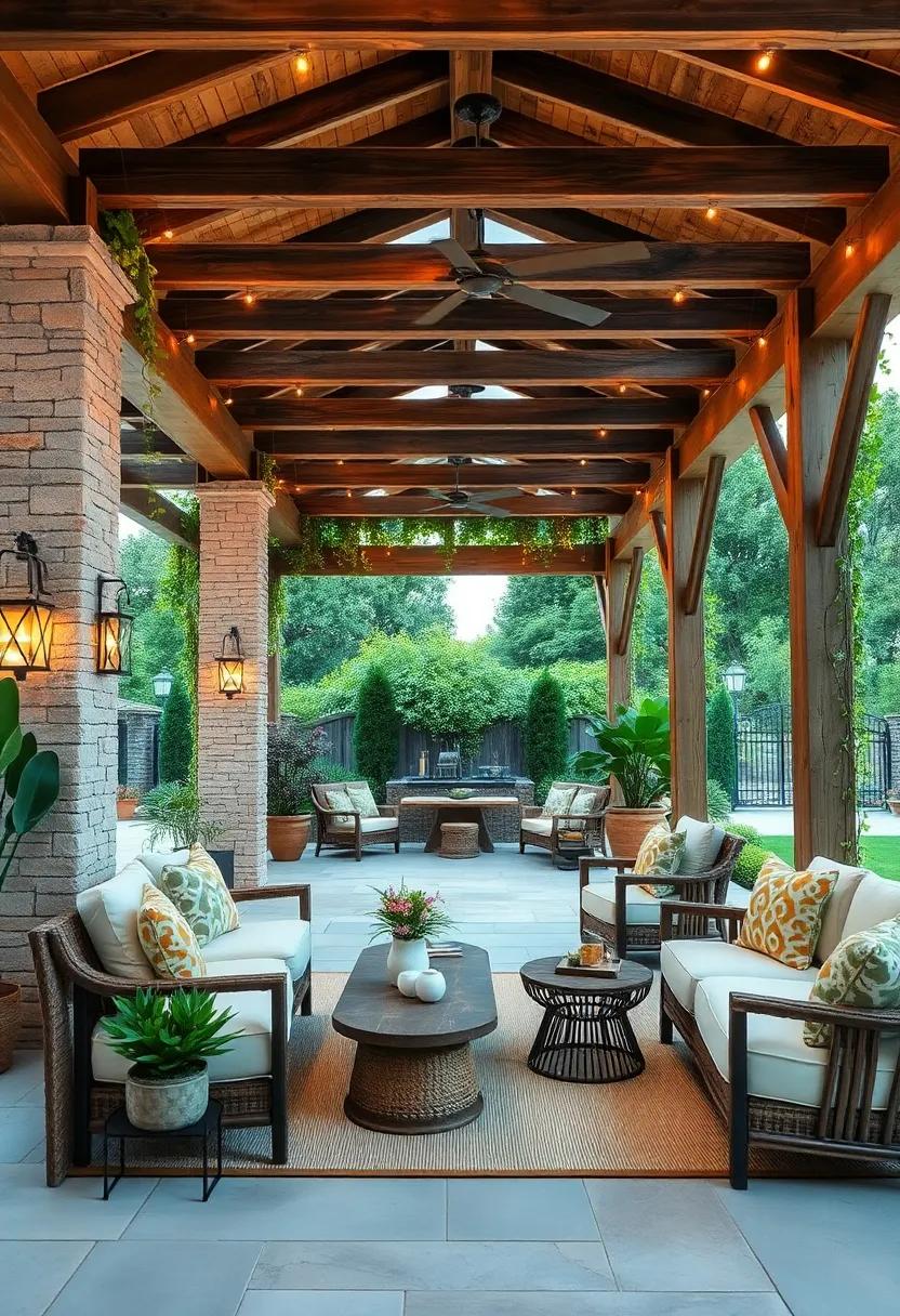 Reclaimed wood pergolas adorned with climbing vines and soft outdoor lighting
