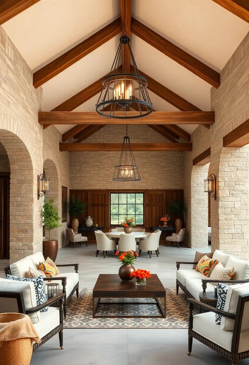 Rustic metal chandeliers hanging from barn-like structures elevating outdoor spaces