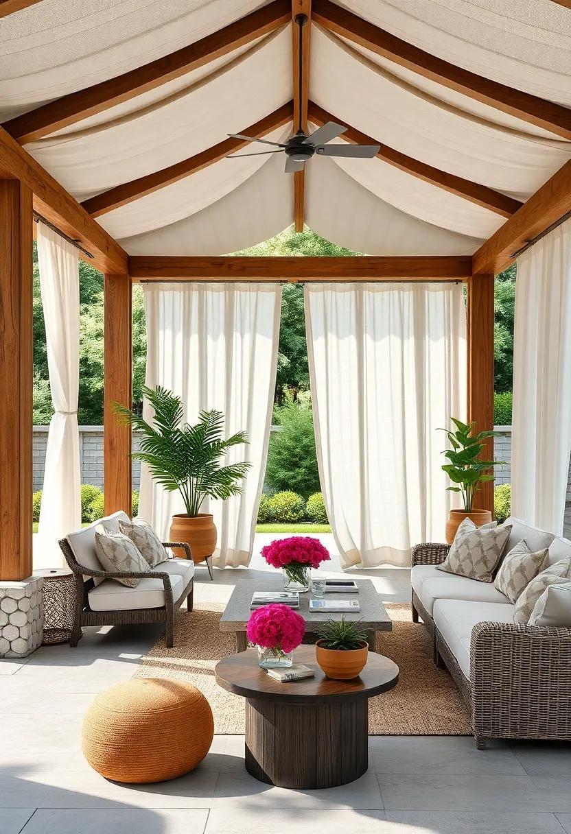 Timber-framed gazebos with flowing linen curtains offering shade and privacy