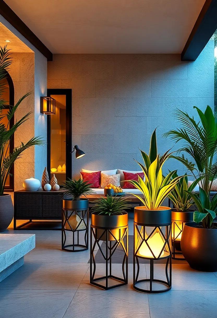 Luminous Metal Planter ⁤Stands Featuring Geometric Designs for⁤ Modern elegance