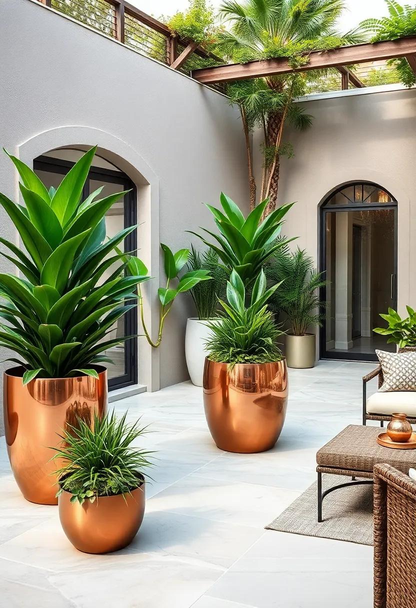Sparkling copper Planters Surrounded by Lush ‌Greenery Creating a Modern Patio Oasis