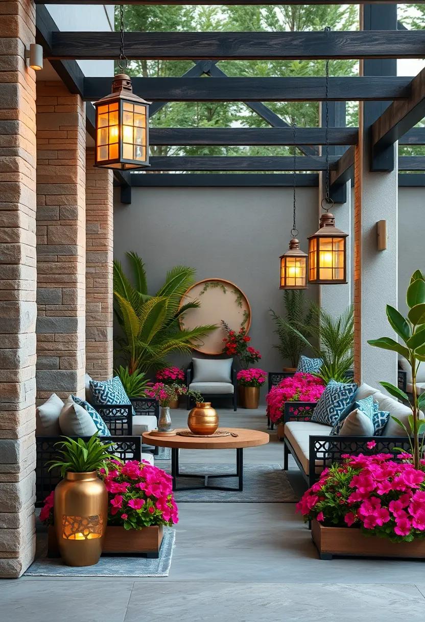 Antique Brass Lanterns Hanging Amid Vibrant Flower Beds Bringing Vintage Charm Outdoors