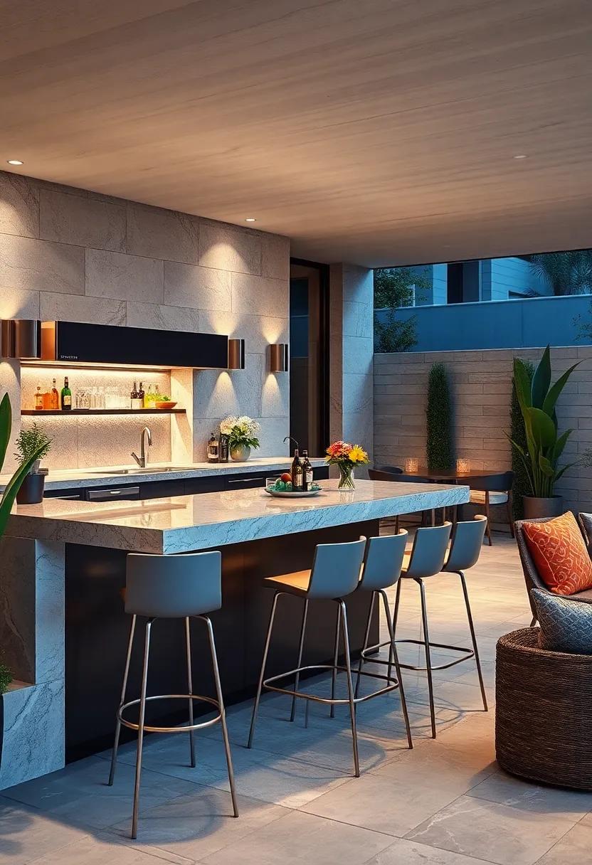 Sleek ⁢Aluminum Outdoor‌ Bar Station Featuring ‍Polished⁤ Surfaces and Contemporary Stools