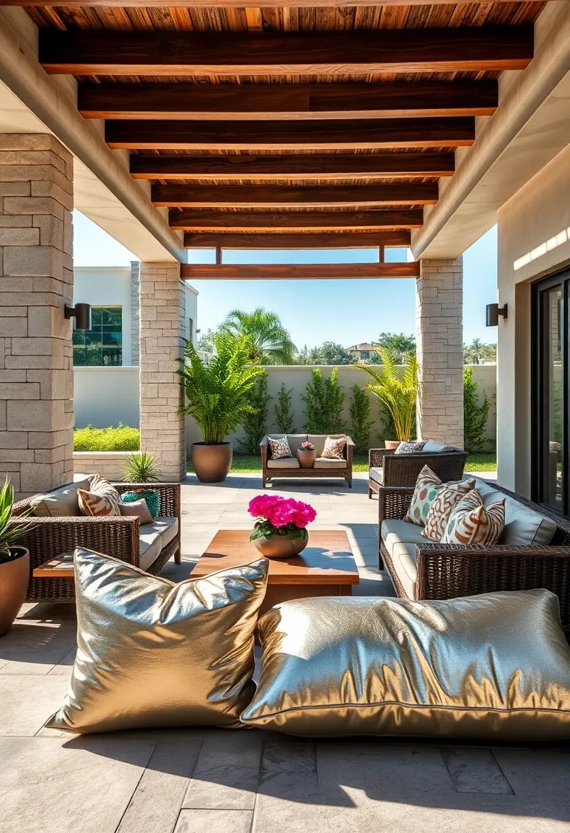 Silvery Metallic‍ Cushions ⁢Reflecting Daylight in an Inviting Patio‍ Conversation Area