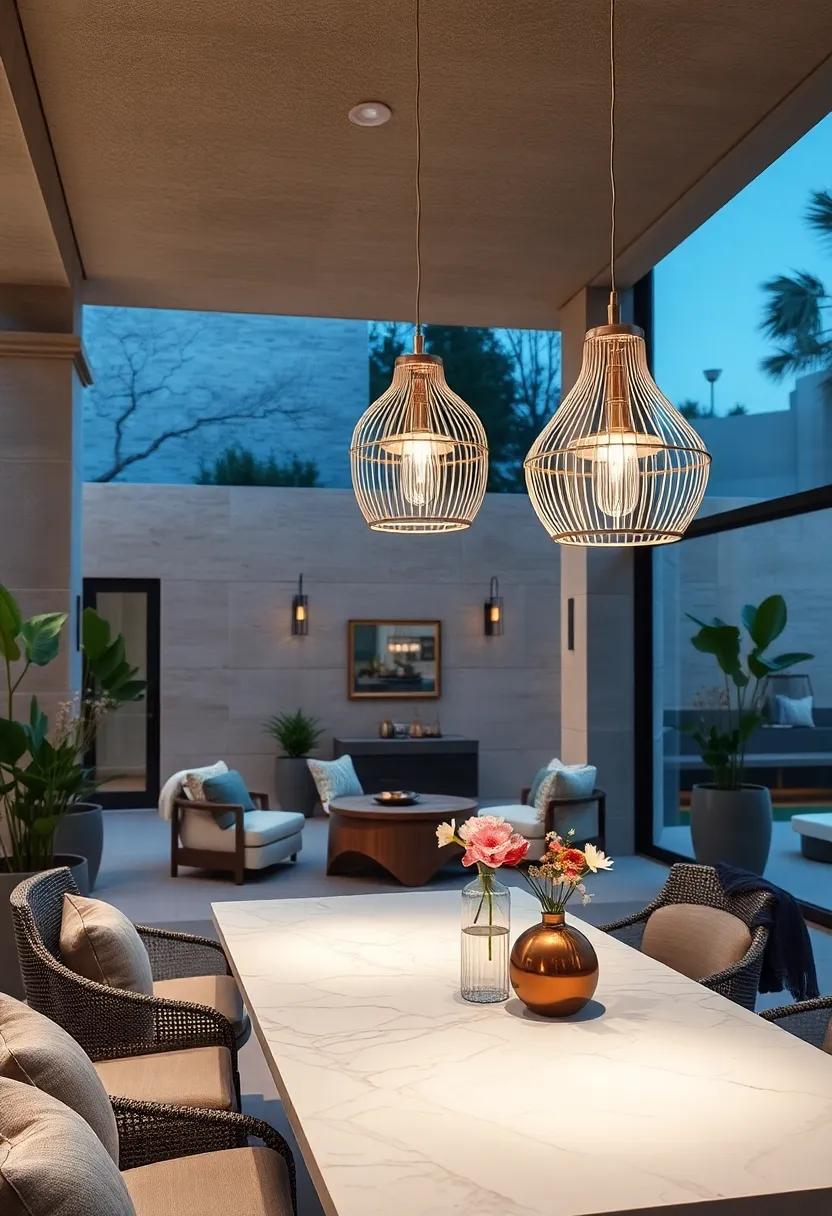 nickel-Plated Outdoor‍ Chandeliers Suspended⁤ Above Sleek Marble Dining Surfaces