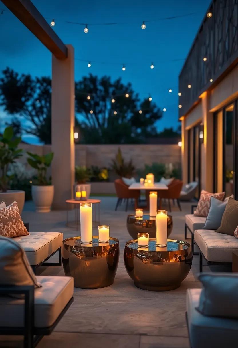 Burnished Metal Side Tables Reflecting Candlelight During Intimate Evening Gatherings