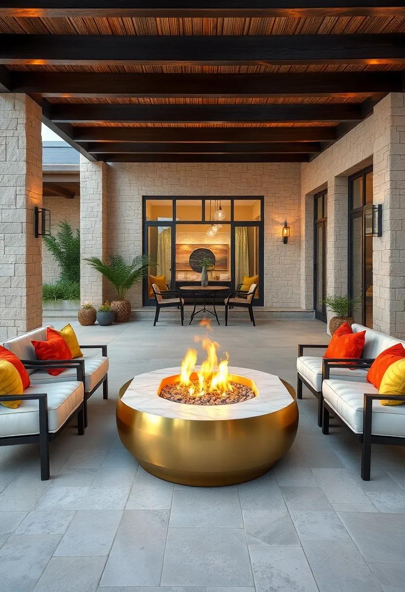 Golden ⁤Metallic Fire Pit Encircled by Comfortable seating for warmth⁤ and ⁣Elegance