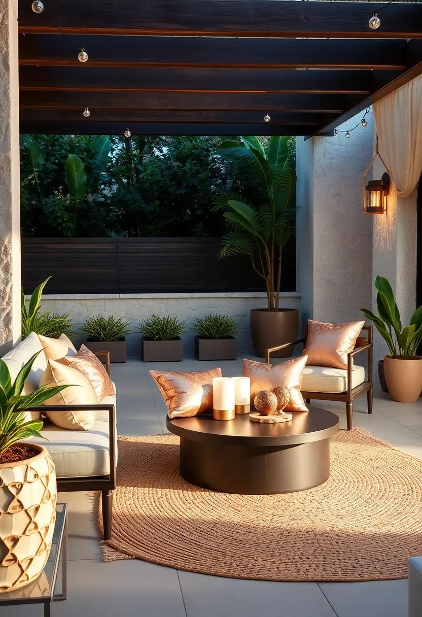 Rose Gold Metallic Throw Pillows Paired ‌with ​Natural Woven Rugs for Subtle Glamour