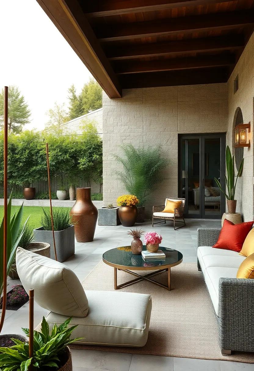 Rusty Metal Garden Sculptures⁢ Contrasted by Shimmering Metallic Accent Pillows