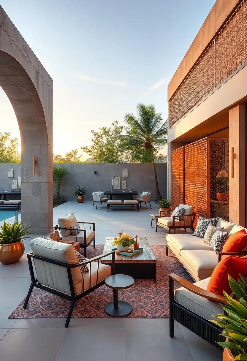 Copper ‍Mesh Screens Providing Privacy While Casting Intricate Shadows at Sunset