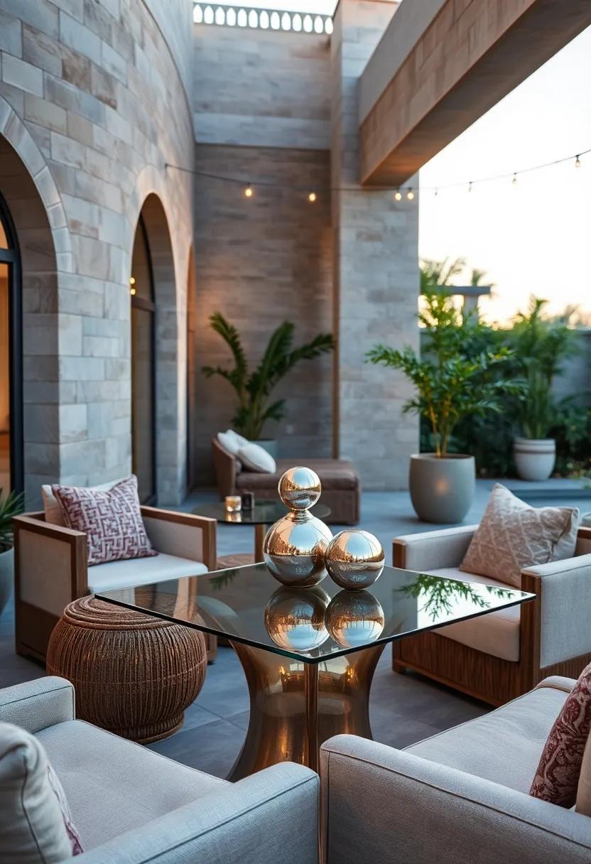 Reflective Silver⁣ Accents in ‍Glass-Topped Tables Bathed in Soft Evening Lighting